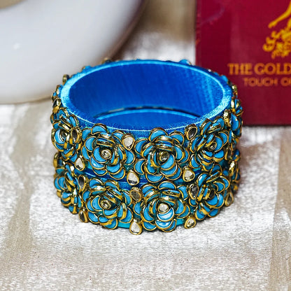 Handmade Thread Kada Bangle with Rose Motif and Kundan Work for Women & Girls (Pack of 2)