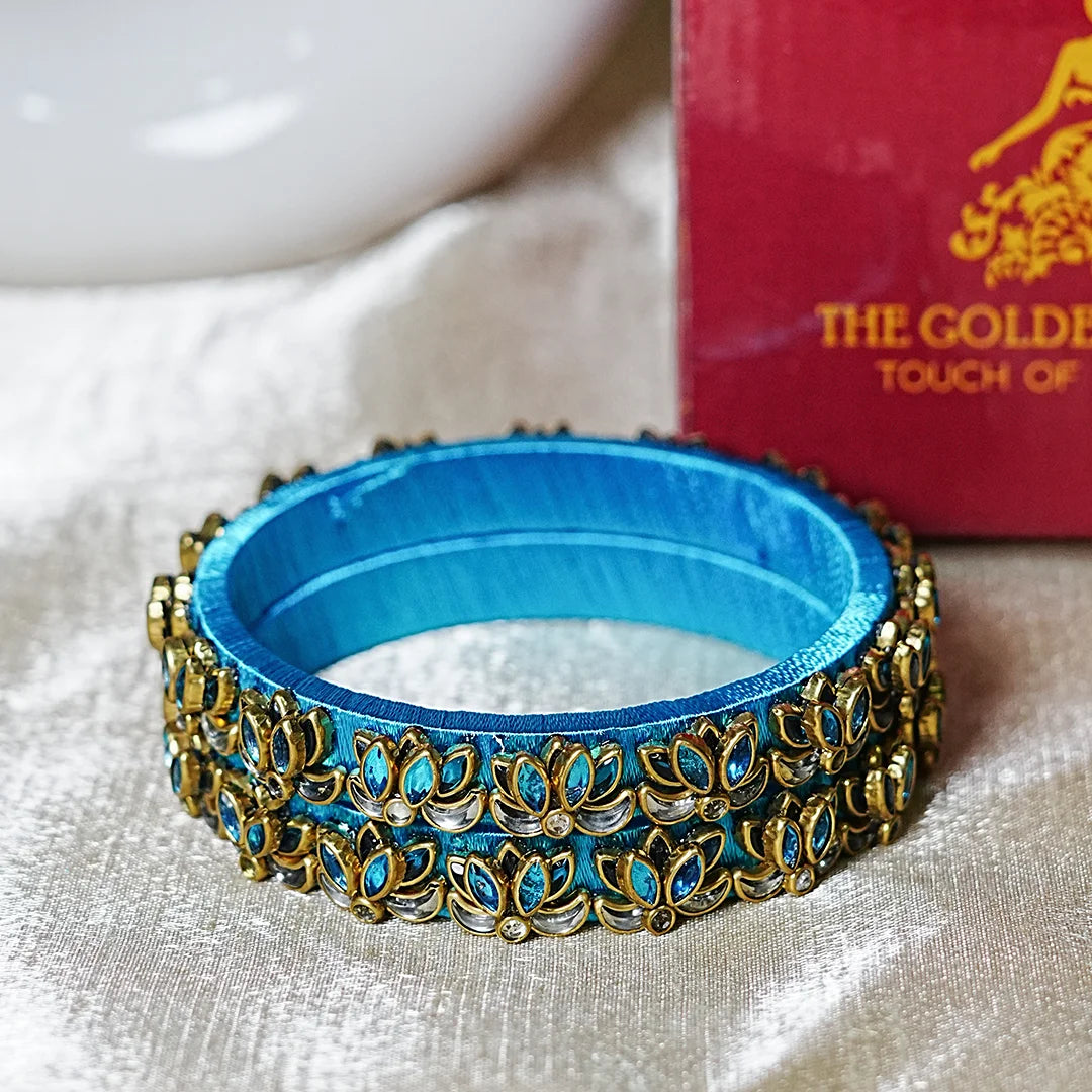 Handcrafted Silk Thread Kada Bangles with Lotus Motif for Women & Girls (Pack of 2)