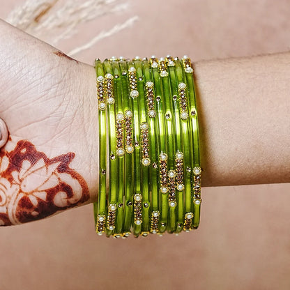 Premium Glass Bangles for Women | Zircon & Beads Work | Glossy Finish (Pack of 12)