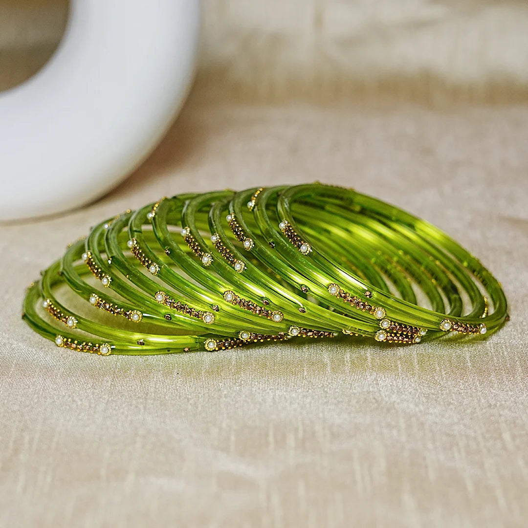 Premium Glass Bangles for Women | Zircon & Beads Work | Glossy Finish (Pack of 12)