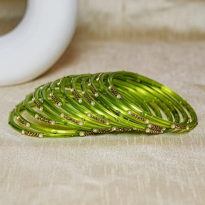 Premium Glass Bangles for Women | Zircon & Beads Work | Glossy Finish (Pack of 12)