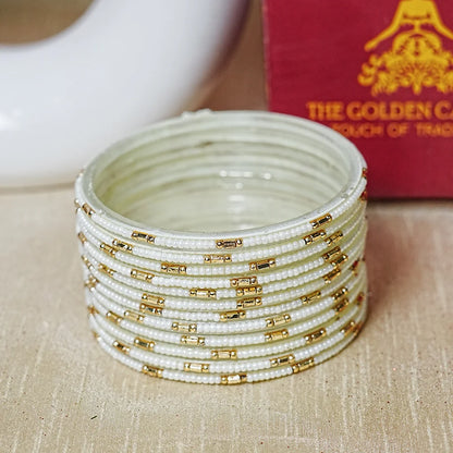 Pearl Studded Traditional Glass Bangles for Women (Pack of 12)