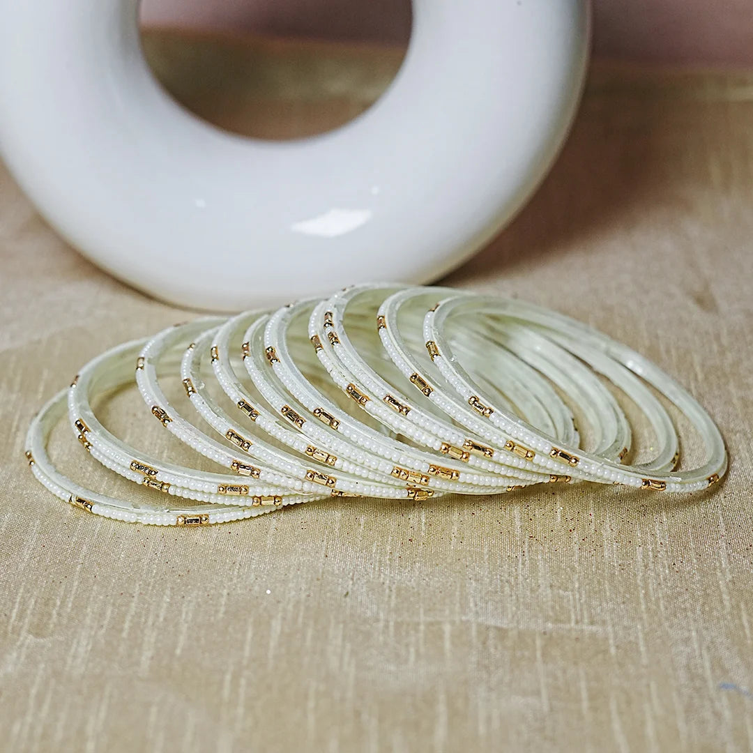 Pearl Studded Traditional Glass Bangles for Women (Pack of 12)