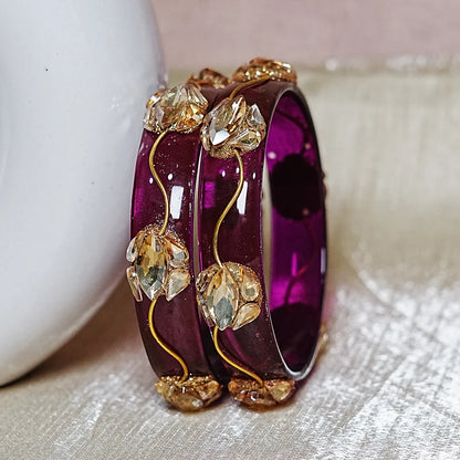 Traditional Flower Design Kundan Work Glass Kada for Women & Girls (Pack of 2)