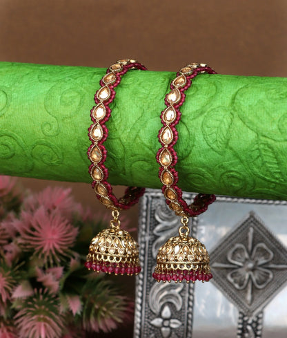 Traditional Kundan Studded Metal Kada with Jhumki for Women (Pack Of 2)