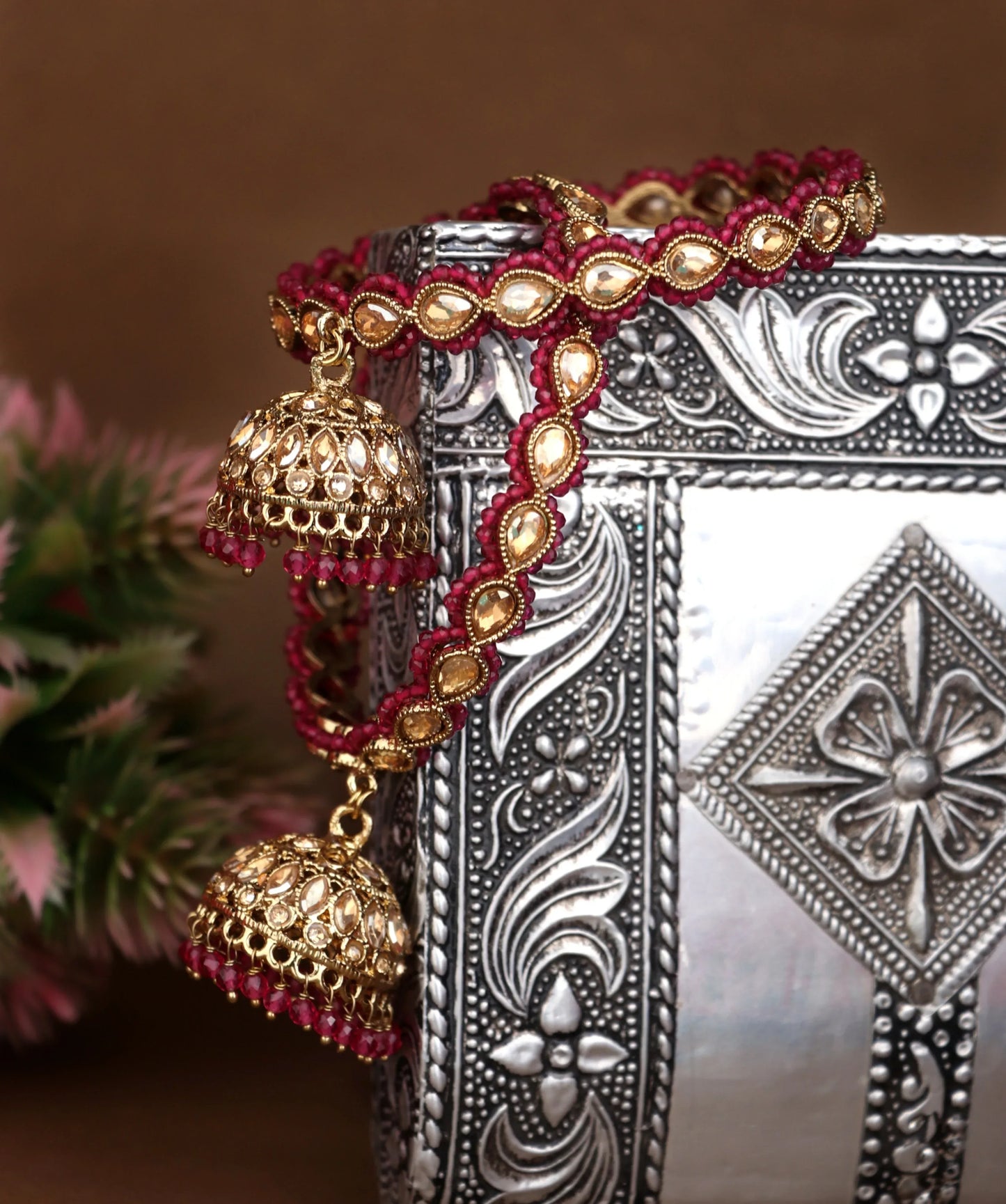 Traditional Kundan Studded Metal Kada with Jhumki for Women (Pack Of 2)