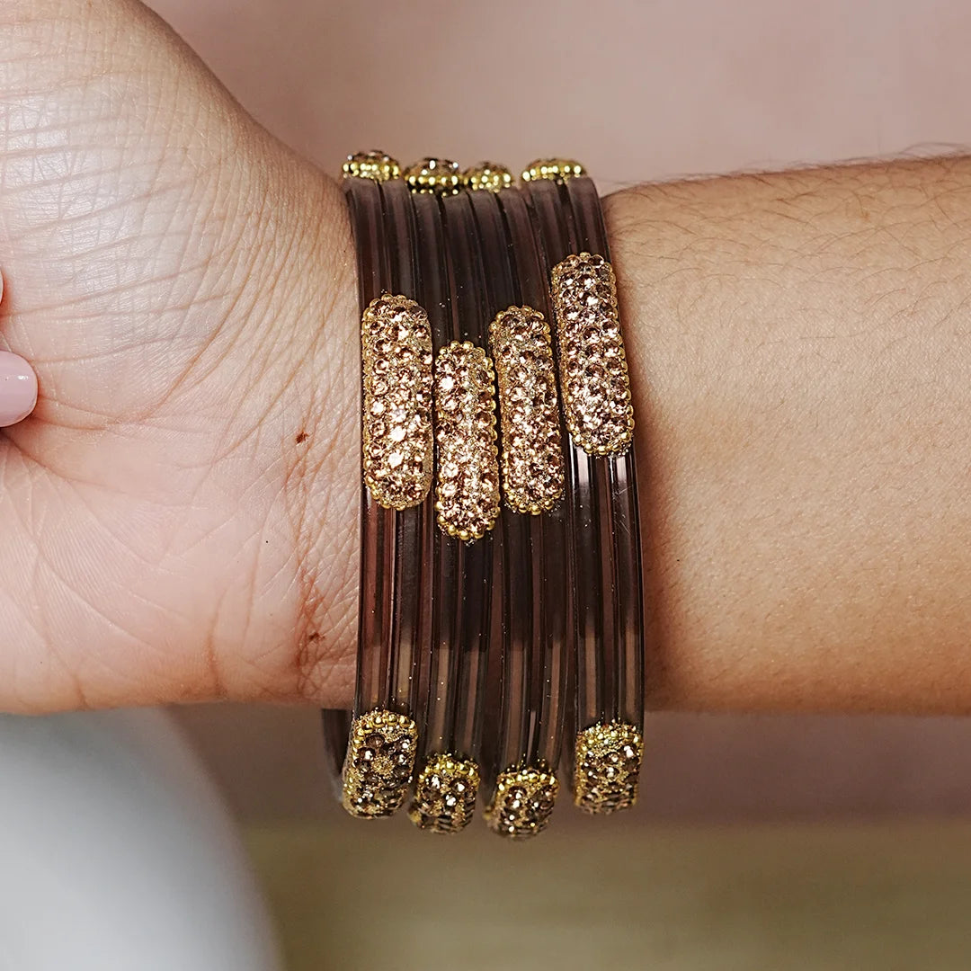 Glossy Finish Designer Glass Kada Bangles with Beads & Stone Work (Pack of 4)