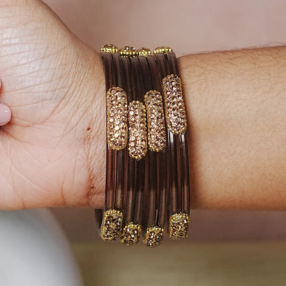 Glossy Finish Designer Glass Kada Bangles with Beads & Stone Work (Pack of 4)