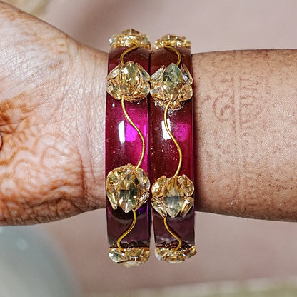 Traditional Flower Design Kundan Work Glass Kada for Women & Girls (Pack of 2)