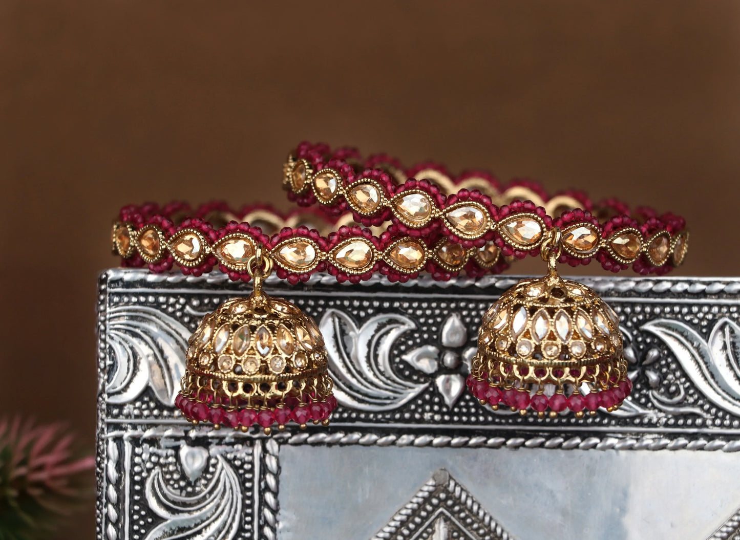 Traditional Kundan Studded Metal Kada with Jhumki for Women (Pack Of 2)