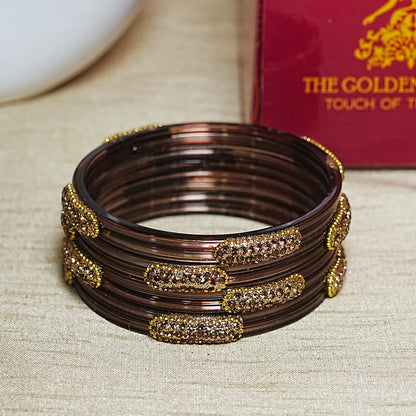 Glossy Finish Designer Glass Kada Bangles with Beads & Stone Work (Pack of 4)