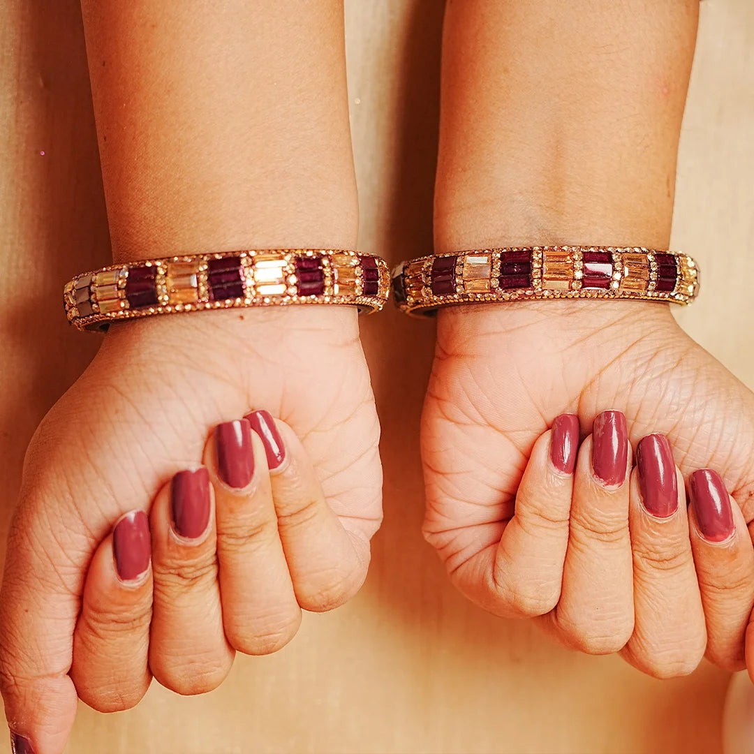 Designer Glass Kada Bangle with Stone & Beads Work for Women & Girls (Pack of 2)