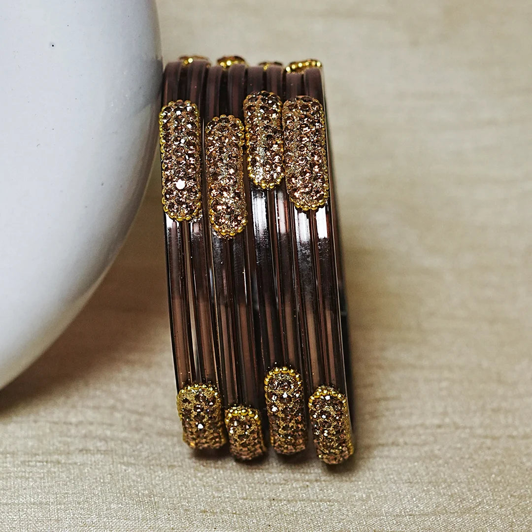 Glossy Finish Designer Glass Kada Bangles with Beads & Stone Work (Pack of 4)