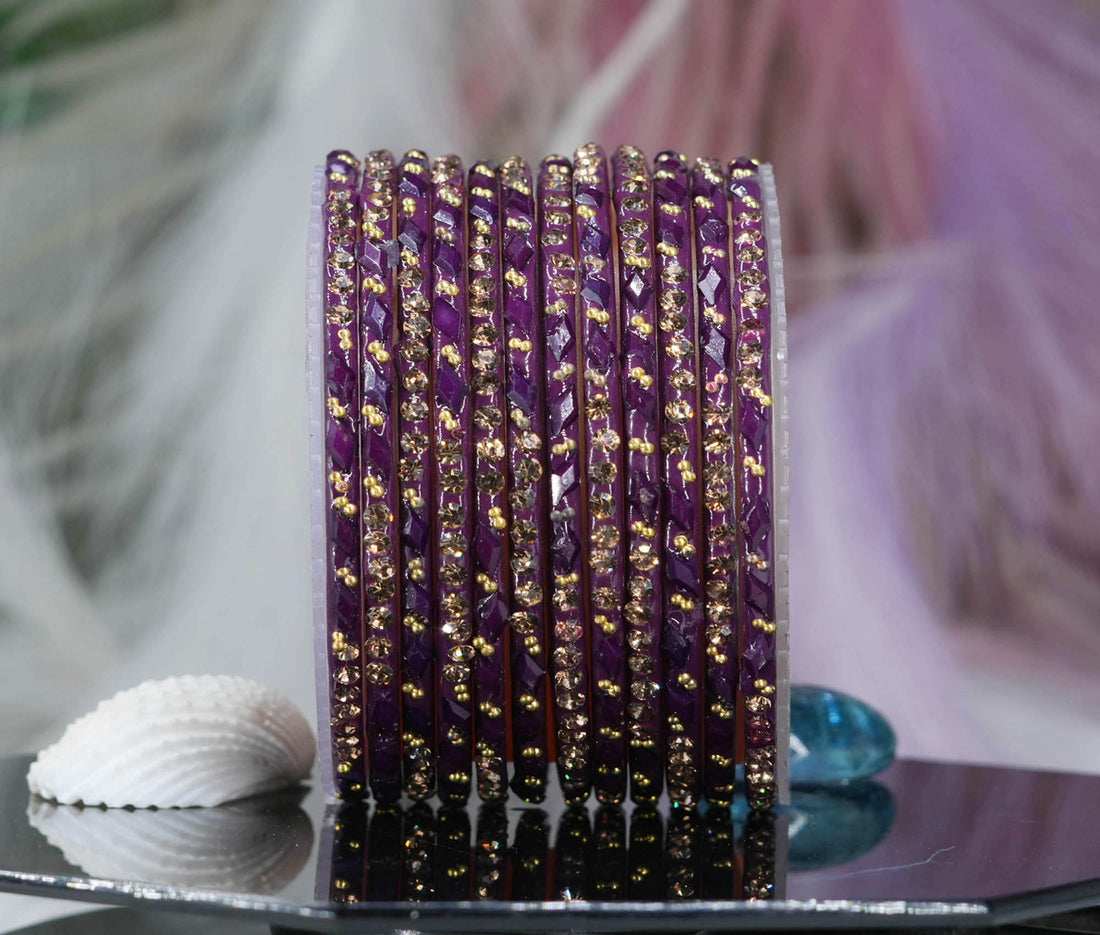 Glass Bangles with Gold Pearl Beads Studded for Women & Girls (Pack 12)