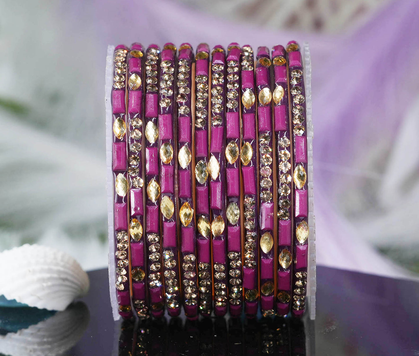 Multiple Color Glass Bangle with Stone Beads Work for Women & Girls (Pack 12 Bangles)