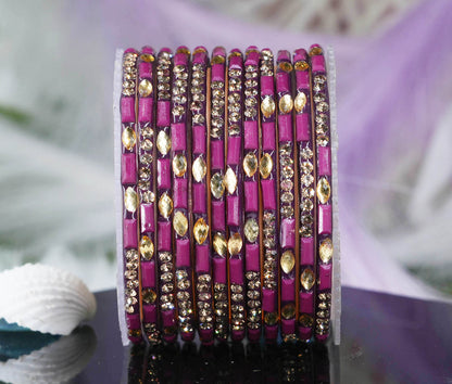 Multiple Color Glass Bangle with Stone Beads Work for Women & Girls (Pack 12 Bangles)