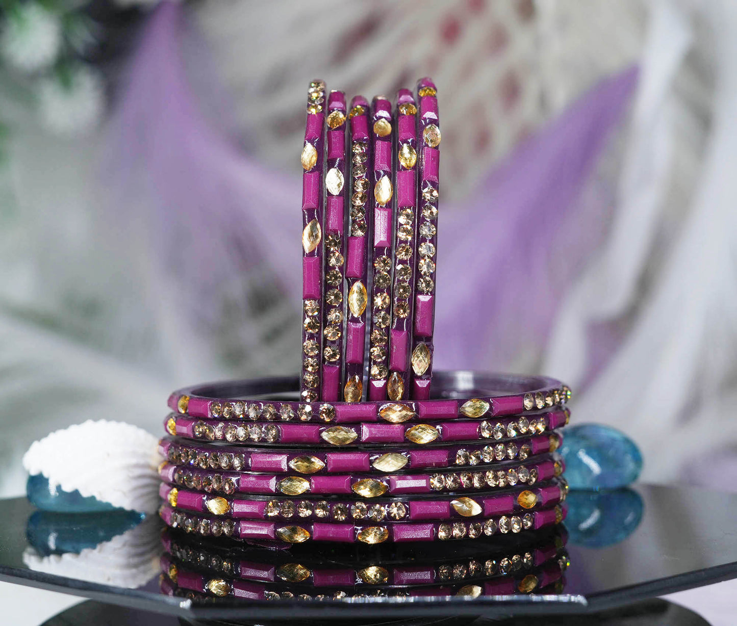 Multiple Color Glass Bangle with Stone Beads Work for Women & Girls (Pack 12 Bangles)