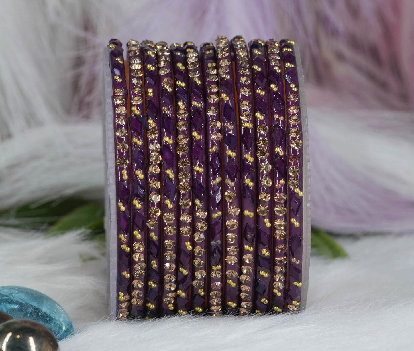 Glass Bangles with Gold Pearl Beads Studded for Women & Girls (Pack 12 Bangles)