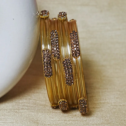 Glossy Finish Designer Glass Kada Bangles with Beads & Stone Work (Pack of 4)