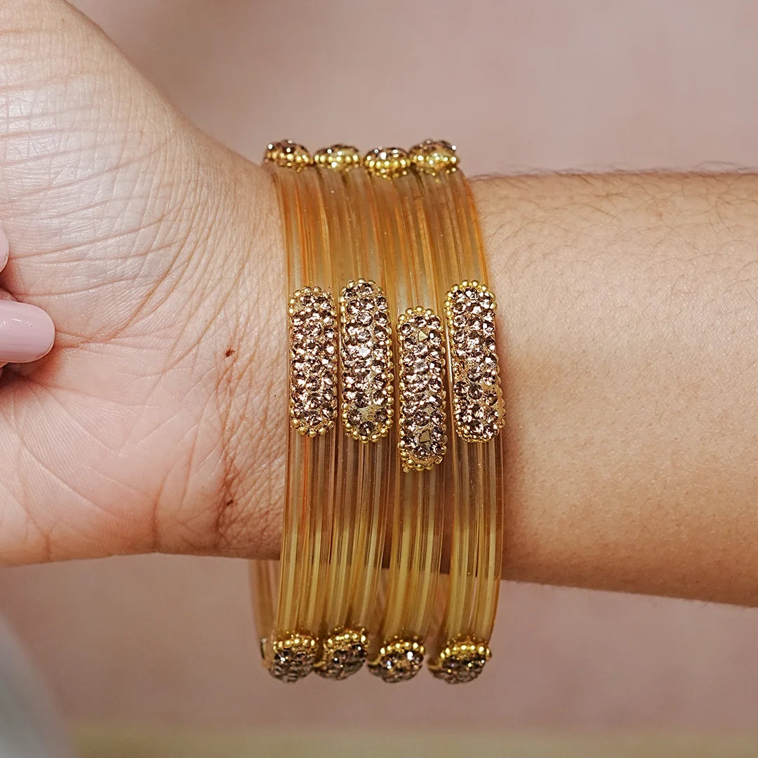 Glossy Finish Designer Glass Kada Bangles with Beads & Stone Work (Pack of 4)