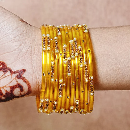 Premium Glass Bangles for Women | Zircon & Beads Work | Glossy Finish (Pack of 12)