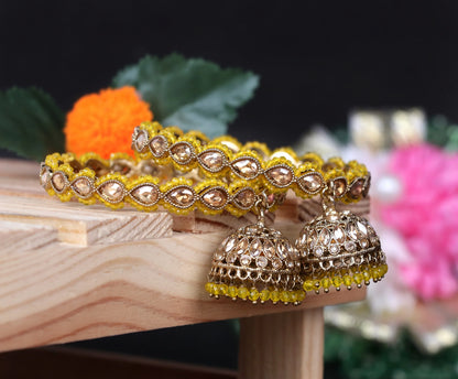 Traditional Kundan Studded Metal Kada with Jhumki for Women (Pack Of 2)