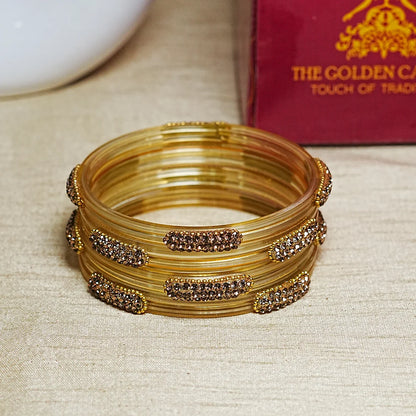 Glossy Finish Designer Glass Kada Bangles with Beads & Stone Work (Pack of 4)