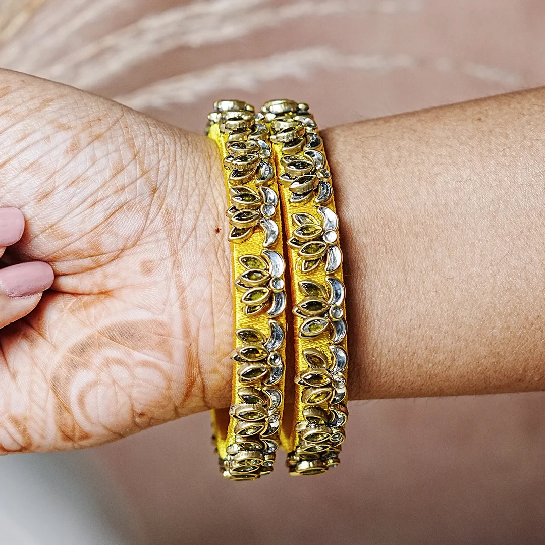 Handcrafted Silk Thread Kada Bangles with Lotus Motif for Women & Girls (Pack of 2)