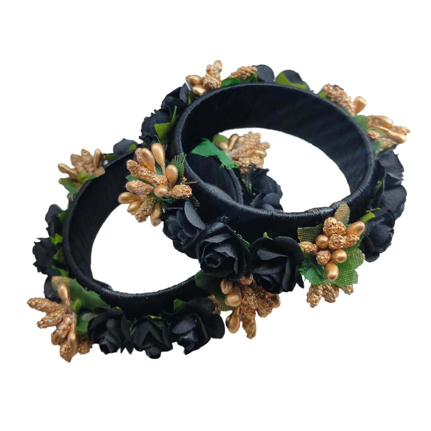 Black Color Flower Design Silk Thread Metal Kada & Acrylic Bangles for Women & Girls