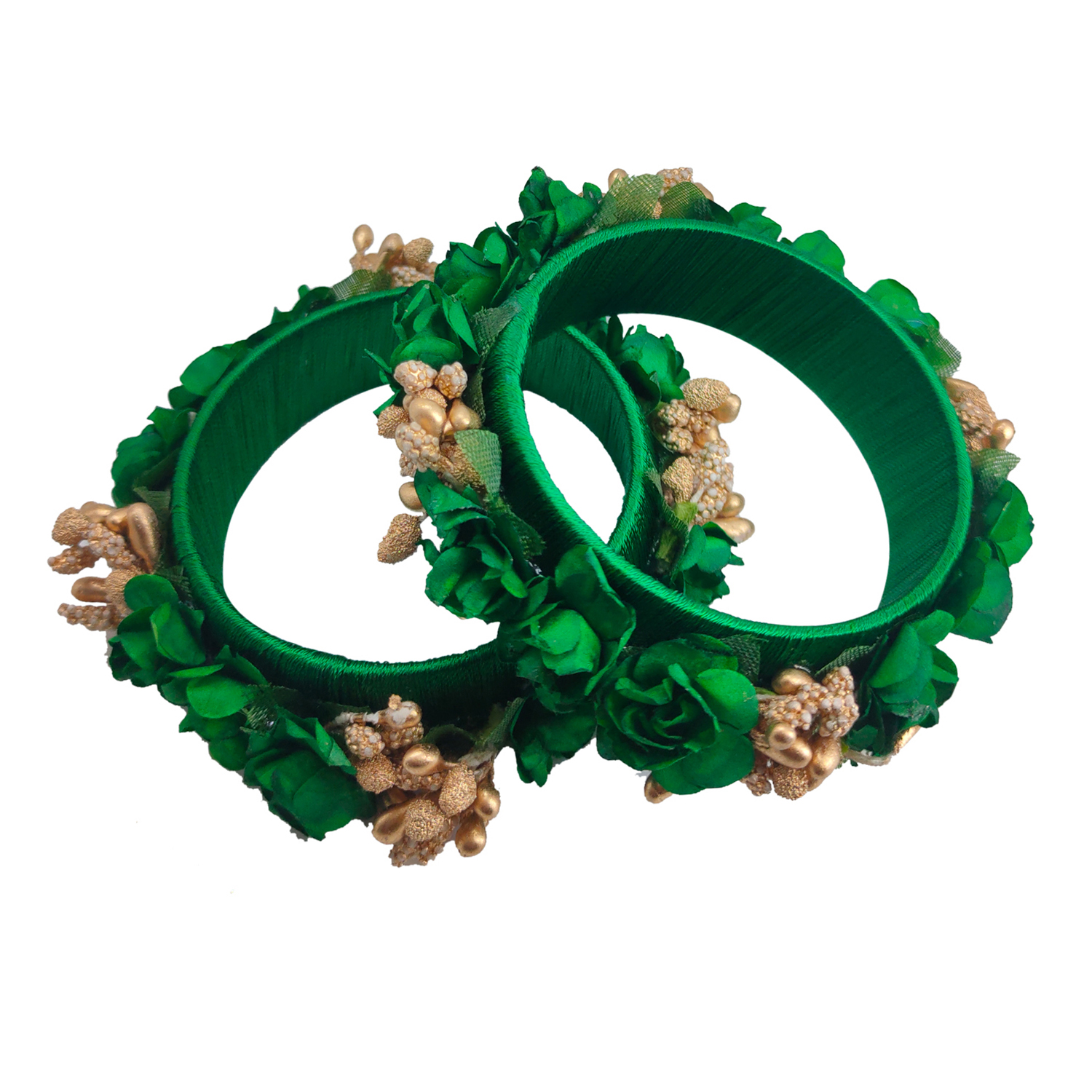 Dark Green Color Silk Thread Flower Kada & Acrylic Bangles for Women & Girls