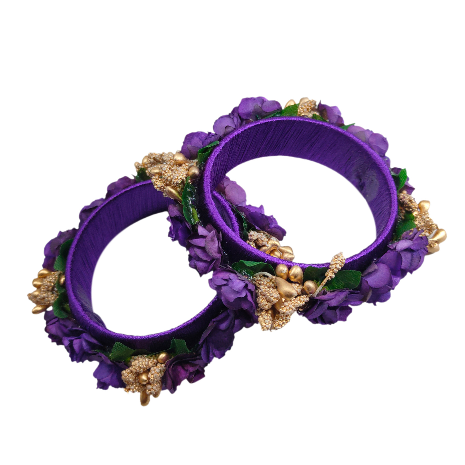 Purple Color Silk Thread Flower Kada & Acrylic Bangles for Women & Girls