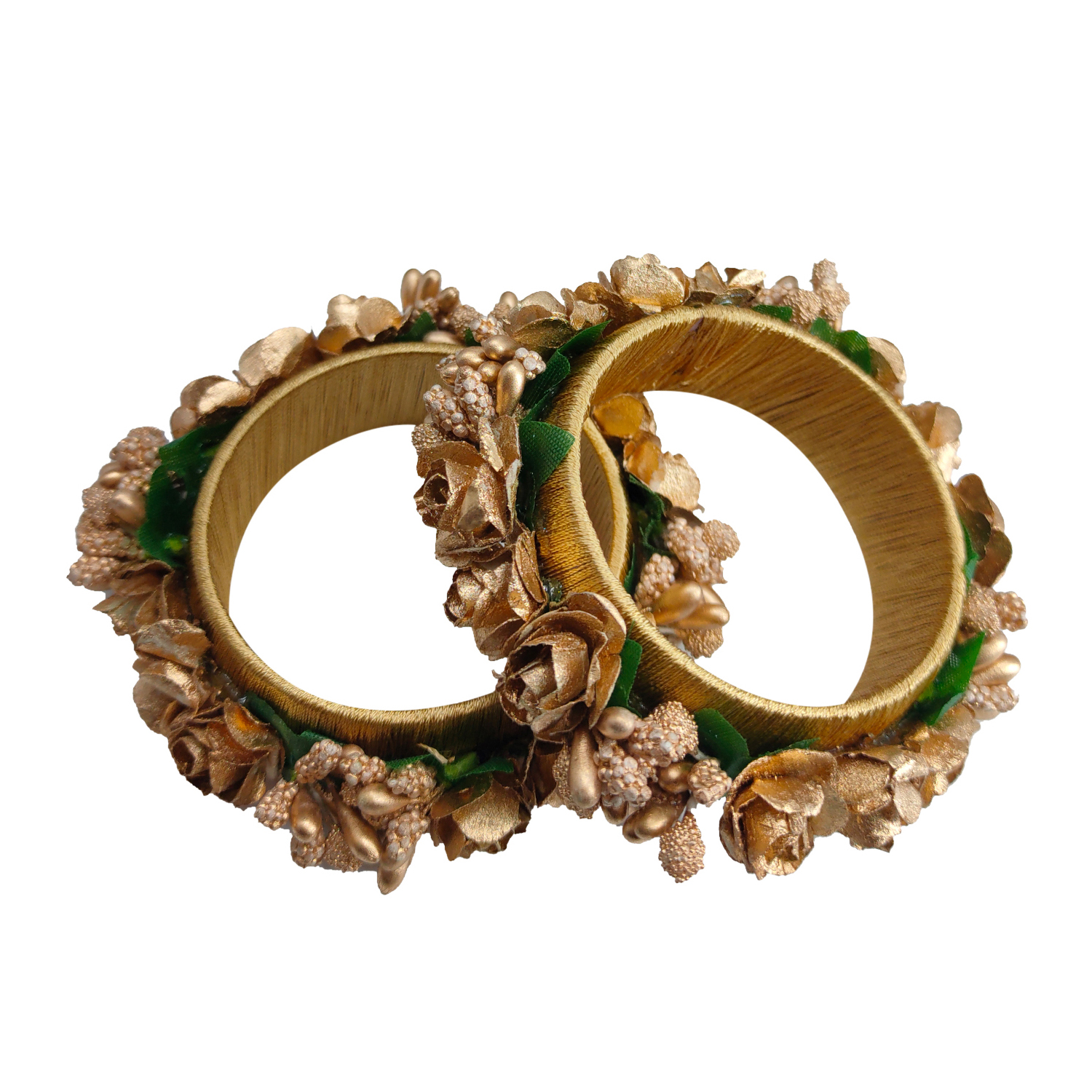 Golden Color Silk Thread Flower Kada & Acrylic Bangles for Women & Girls