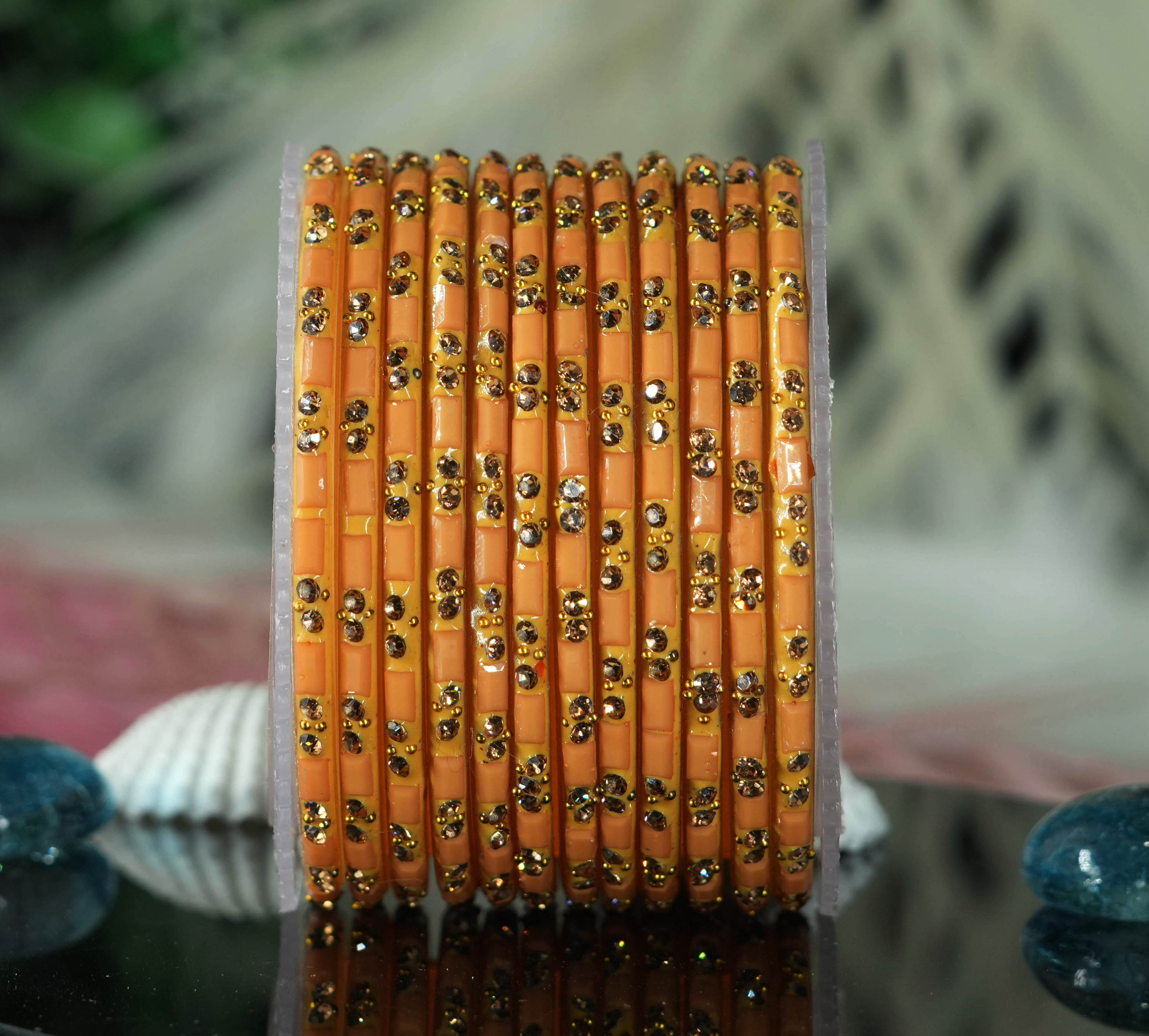 Biscuit Color Glass Bangles Cutting Design with Studded Stone for Women & Girls