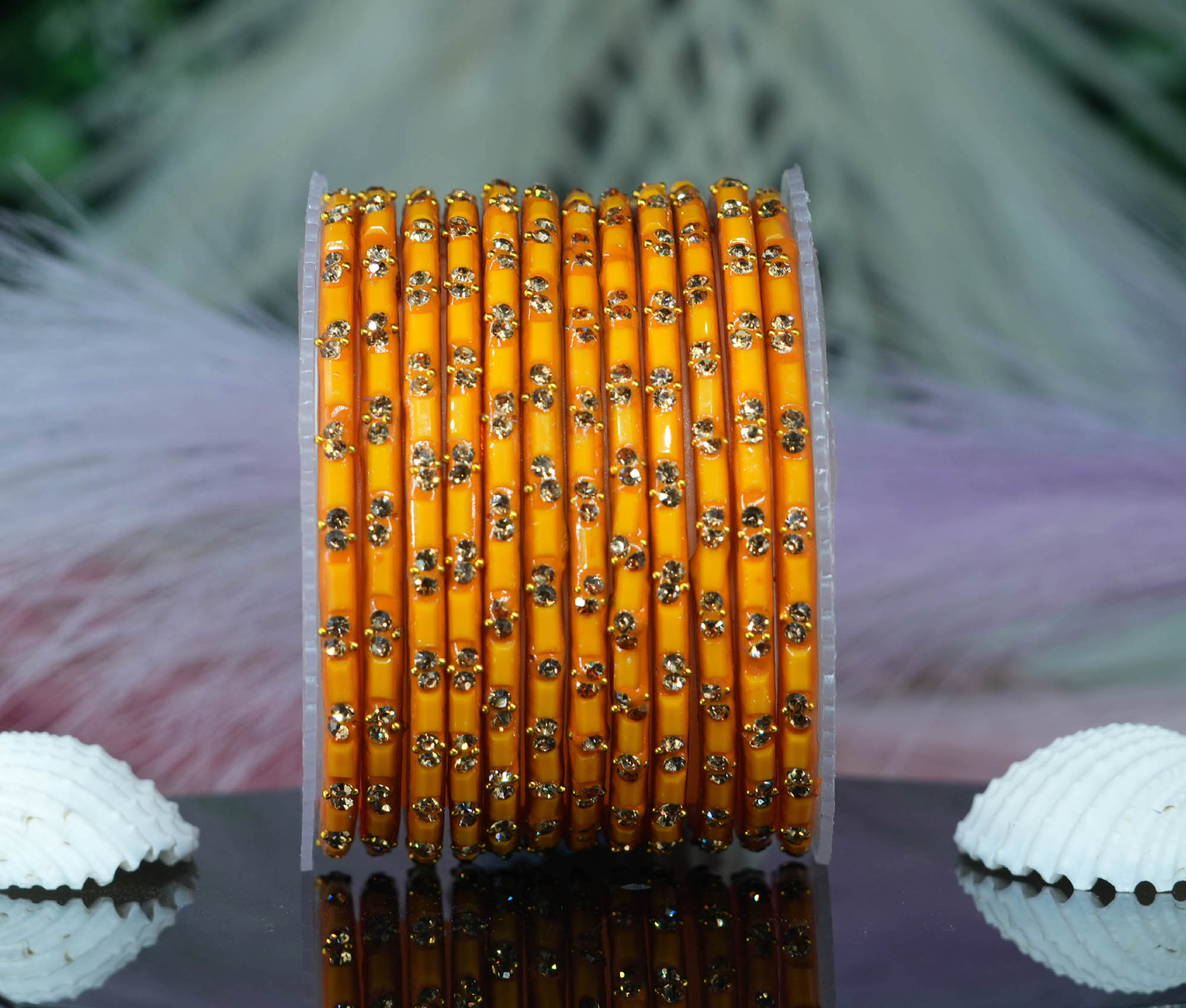 Haldi Color Glass Bangles Cutting Design with Studded Stone for Women & Girls