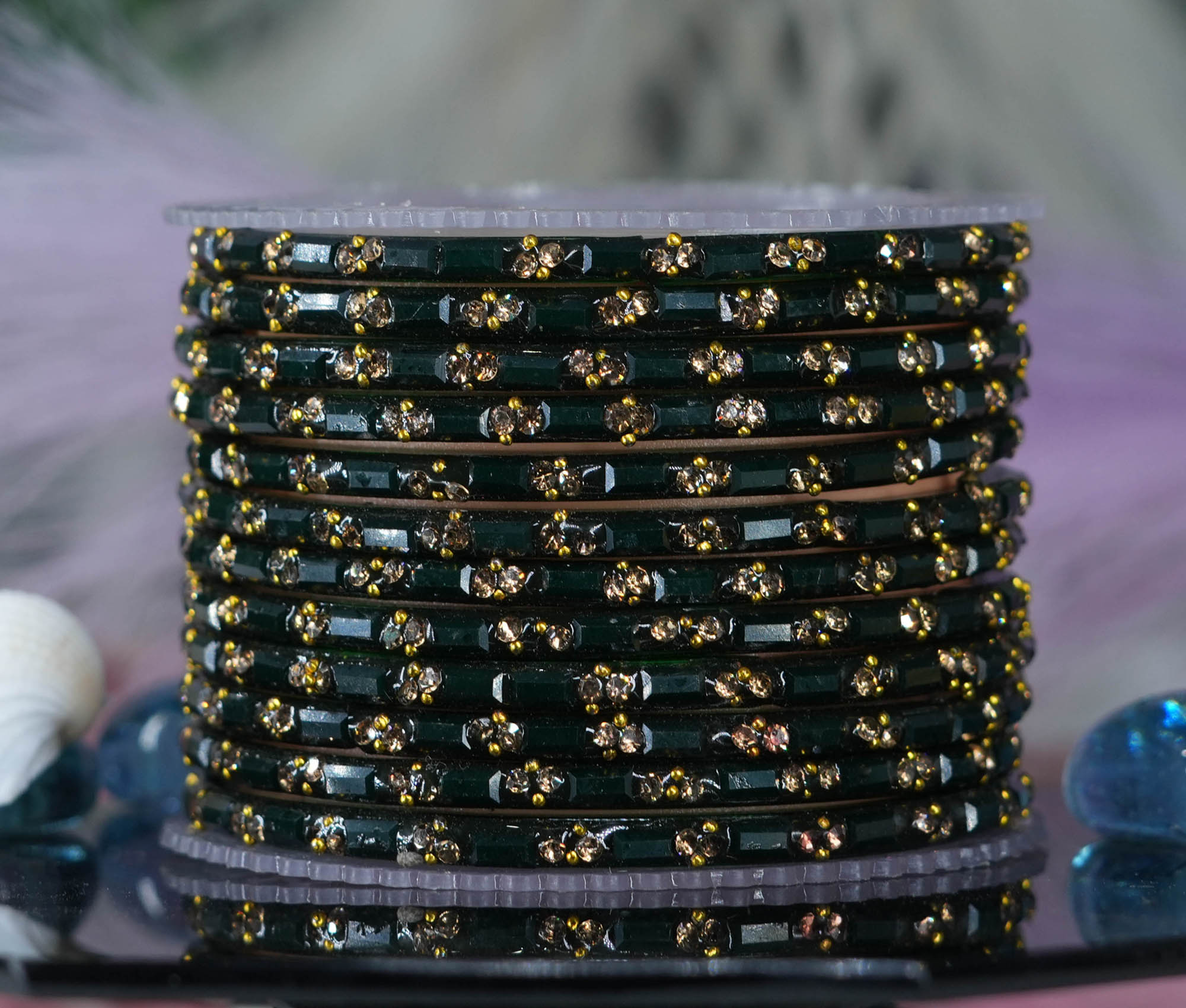 Dark Green Color Glass Bangles Cutting Design with Studded Stone for Women & Girls