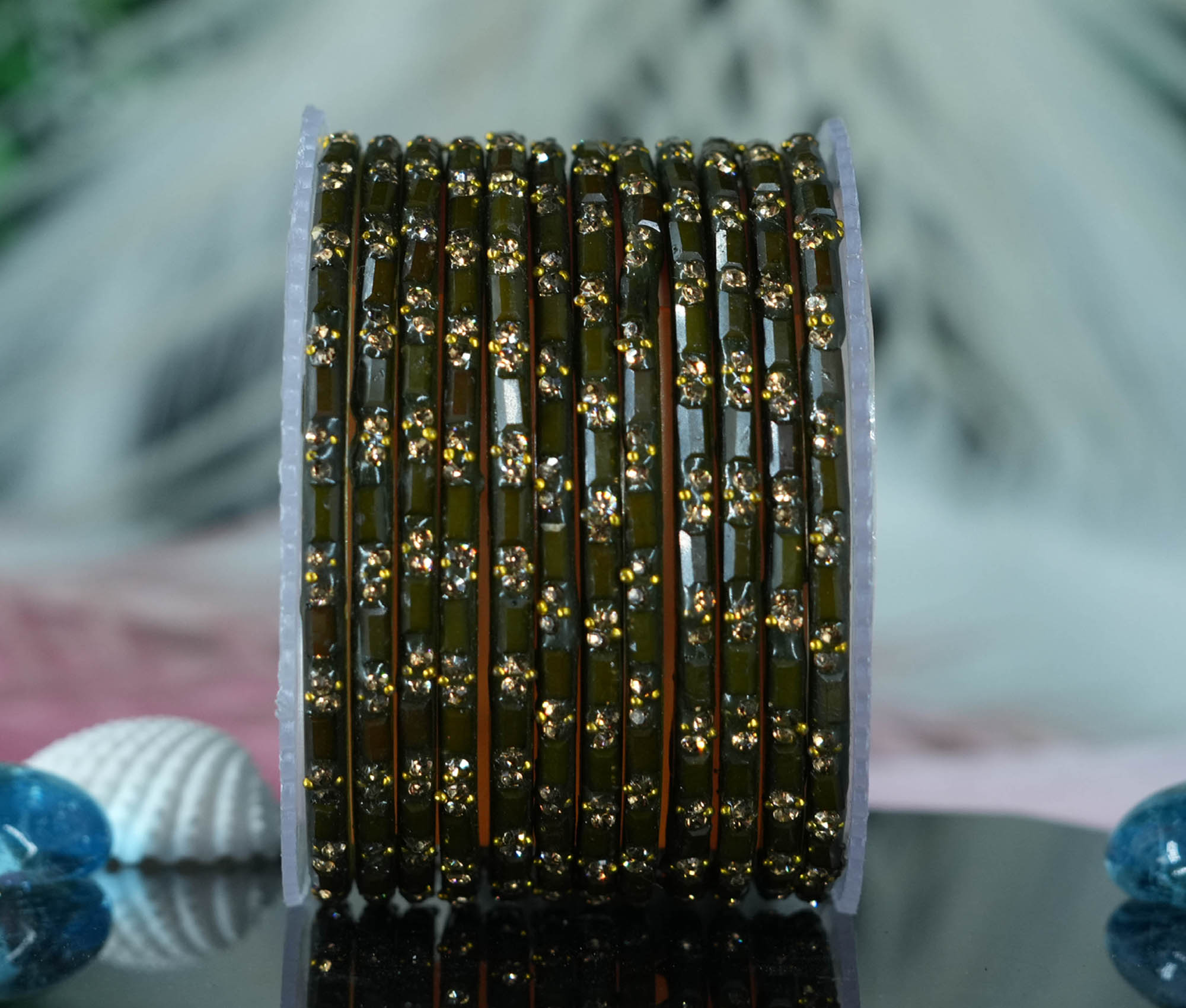 Mehndi Color Glass Bangles Cutting Design with Studded Stone for Women & Girls