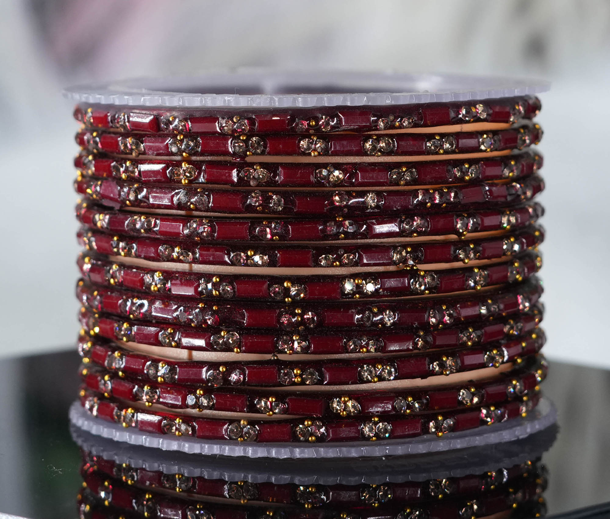 Maroon Color Glass Bangles Cutting Design with Studded Stone for Women & Girls