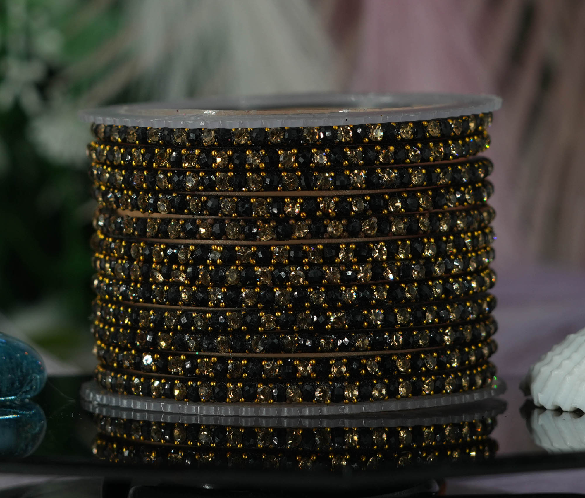 Beautiful Black Color Glass Bangles with Pearl Stone Studded Design for Women & Girls