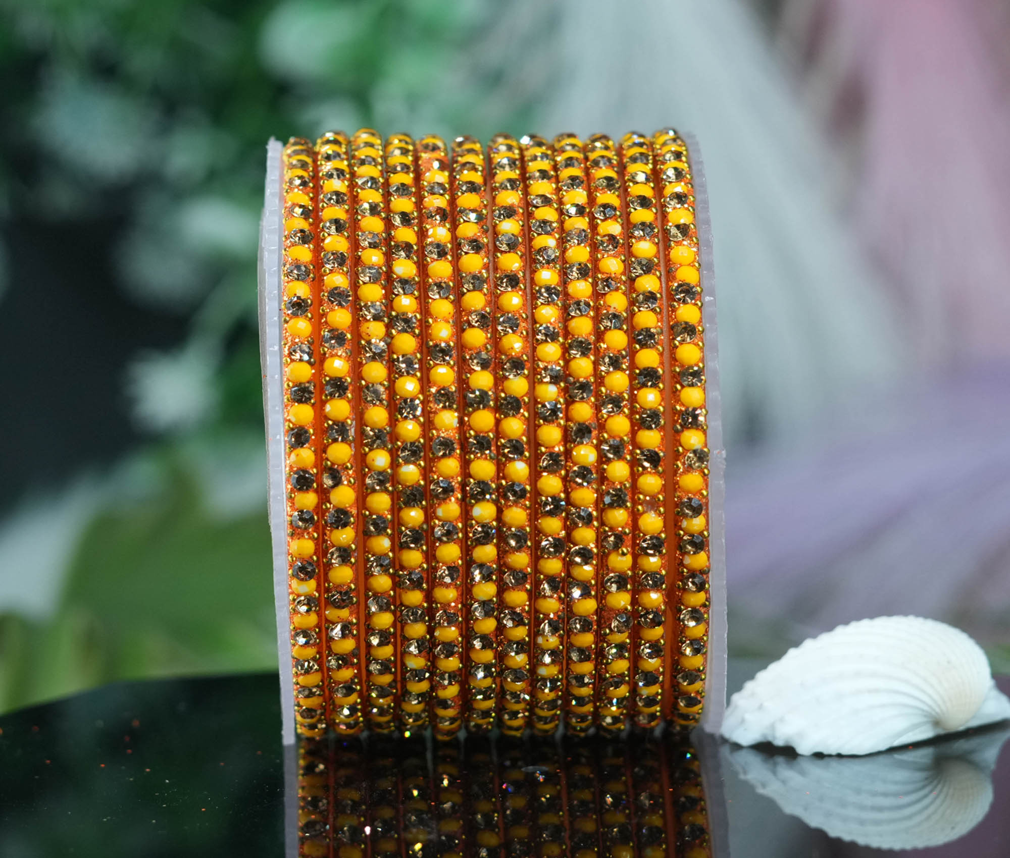 Beautiful Haldi Color Glass Bangles with Pearl Stone Studded Design for Women & Girls