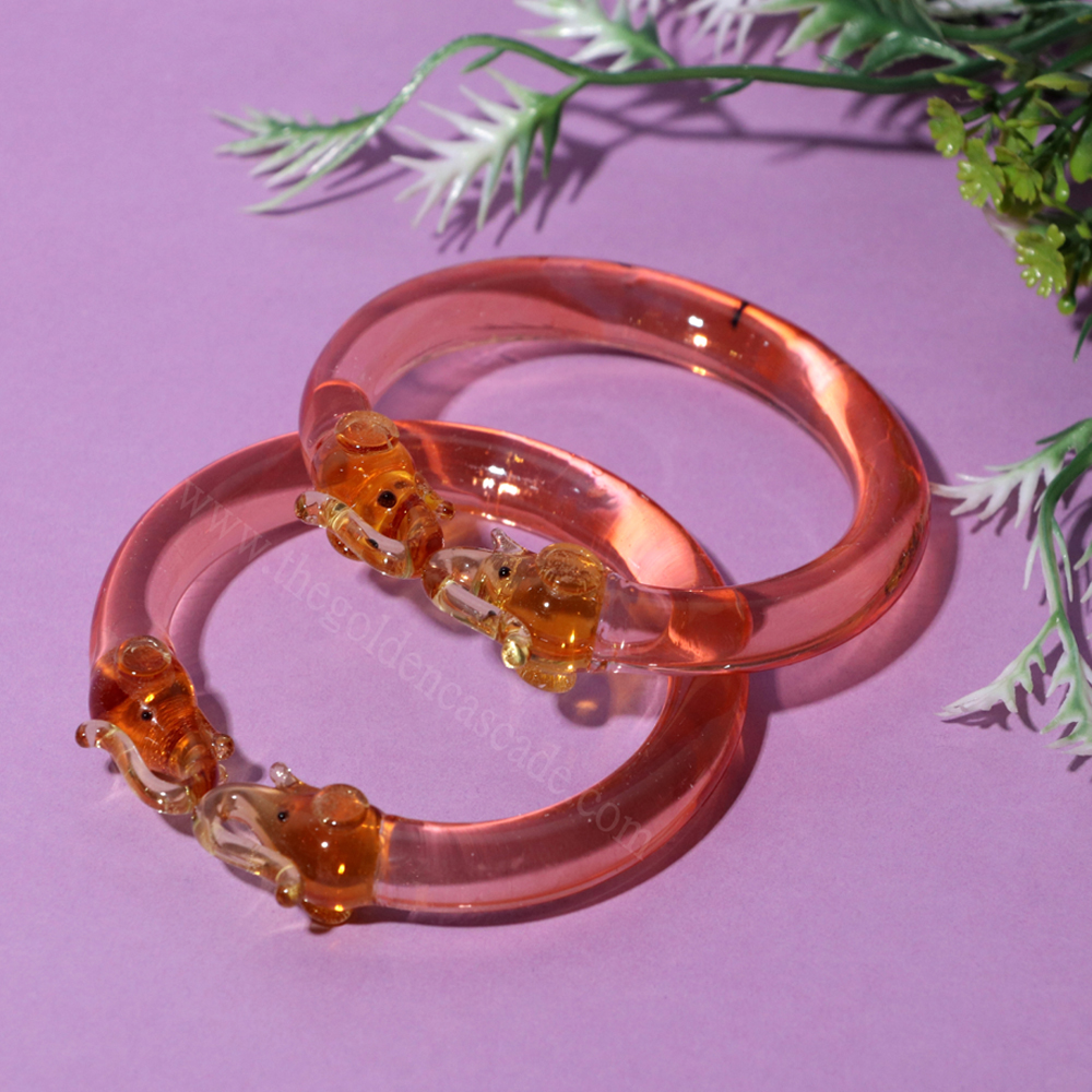 Fancy Peach Color Elephant Design Glass Kada Glossy Finished Bangles for Women & Girls