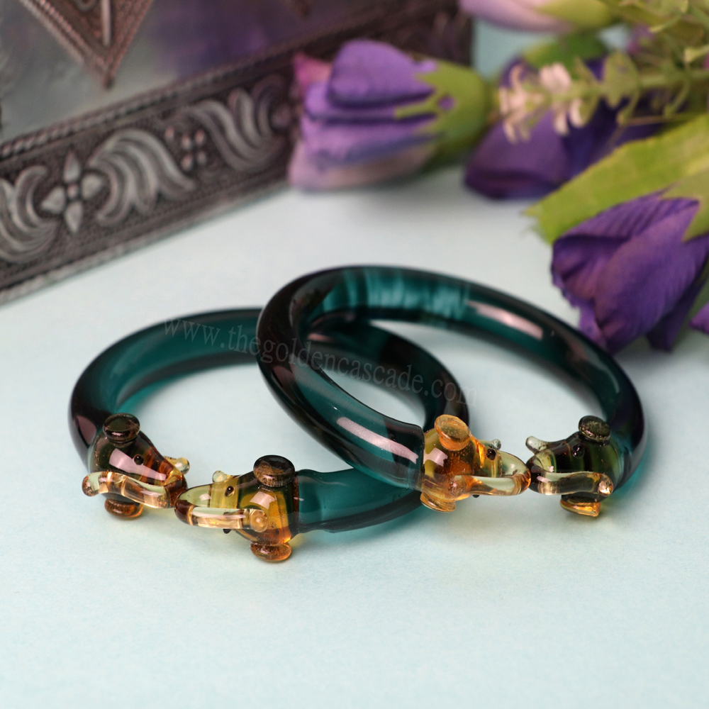 Fancy Peacock Color Elephant Design Glass Kada Glossy Finished Bangles for Women & Girls