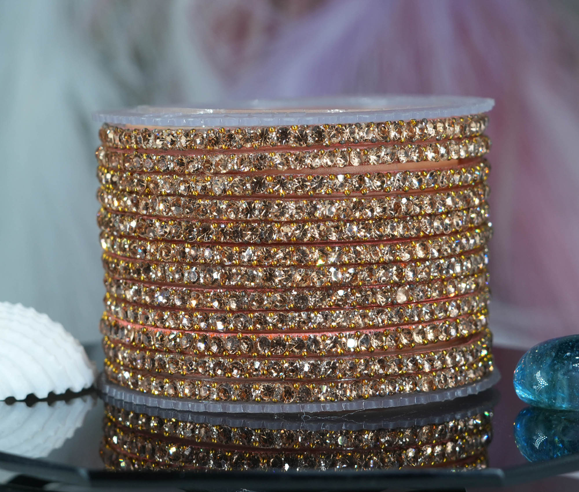 Fancy Rose Gold Color Glass Bangles with Pearl Stone Studded Design for Women & Girls