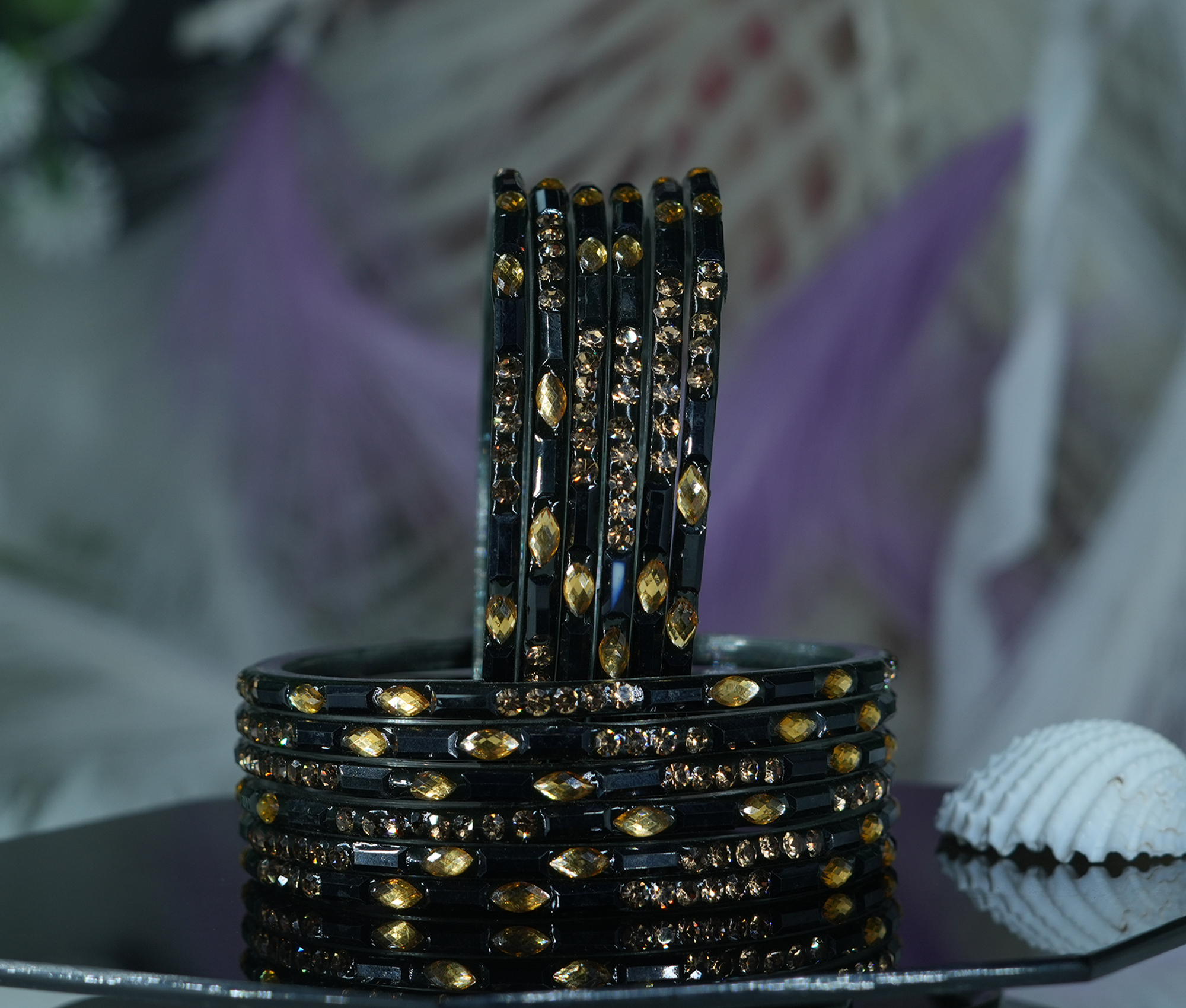 Fancy Black Color Glass Bangles with Stone Studded Cutting Design for Women & Girls