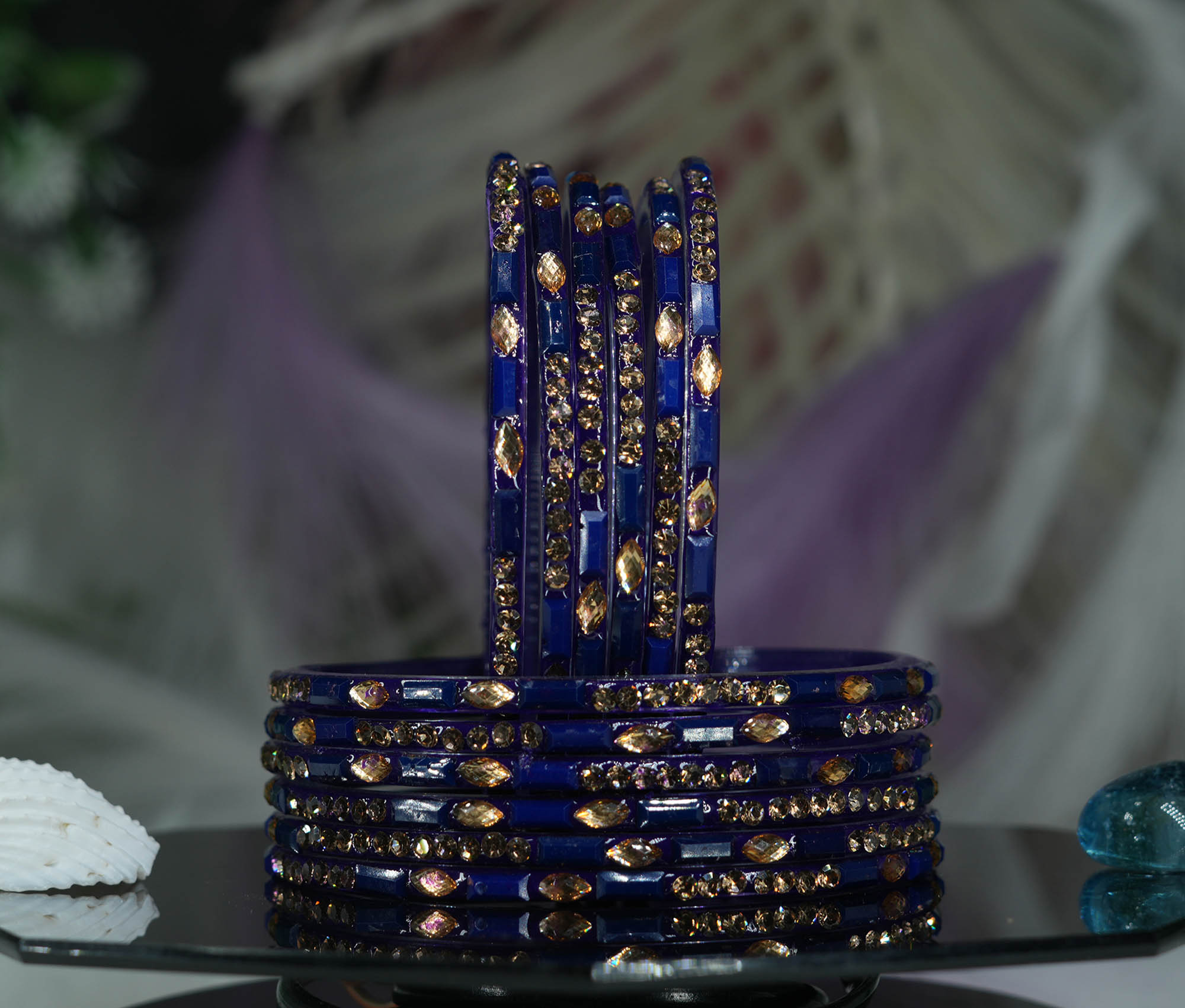 Fancy Blue Color Glass Bangles with Stone Studded Cutting Design for Women & Girls