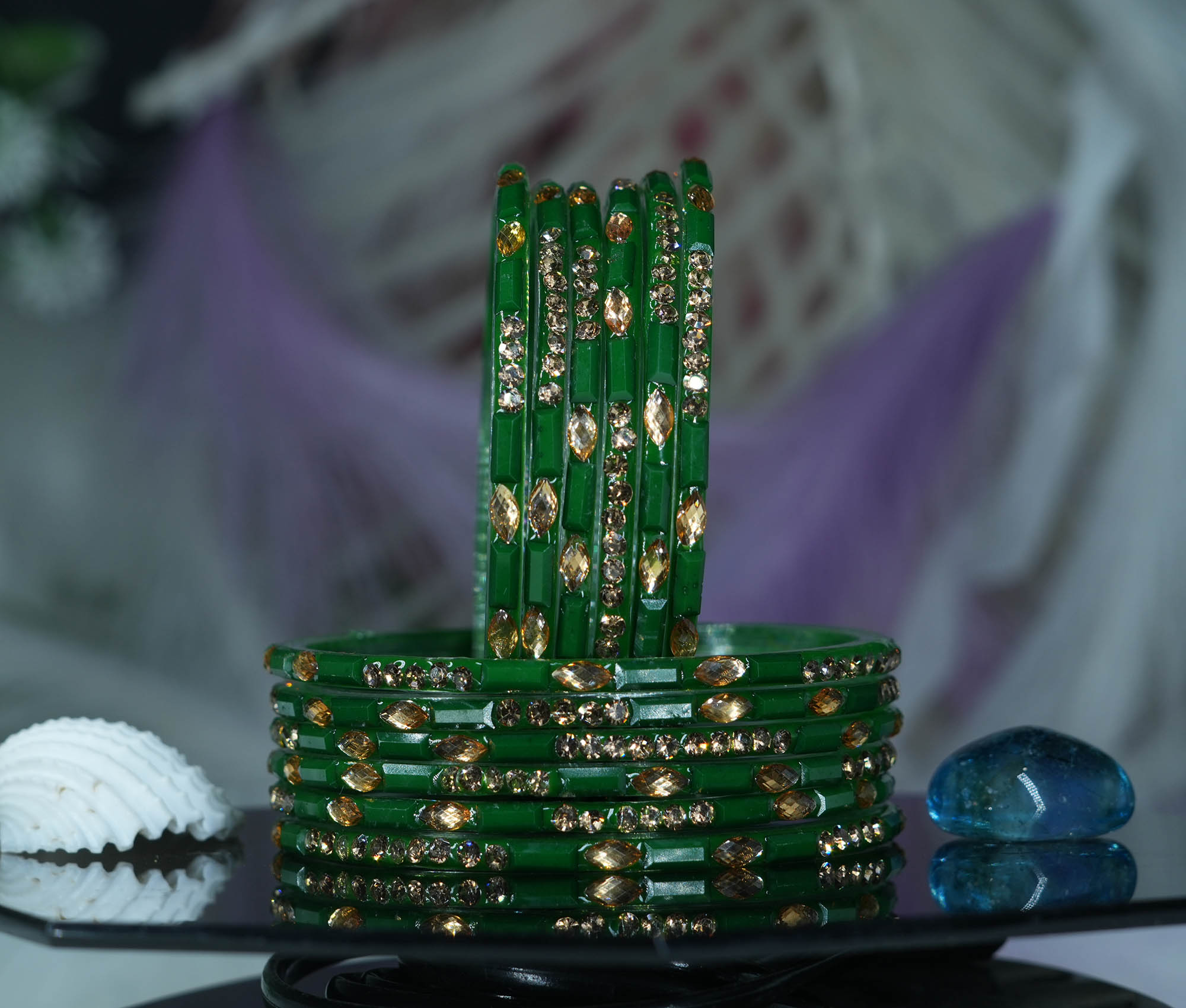 Fancy Green Color Glass Bangles with Stone Studded Cutting Design for Women & Girls