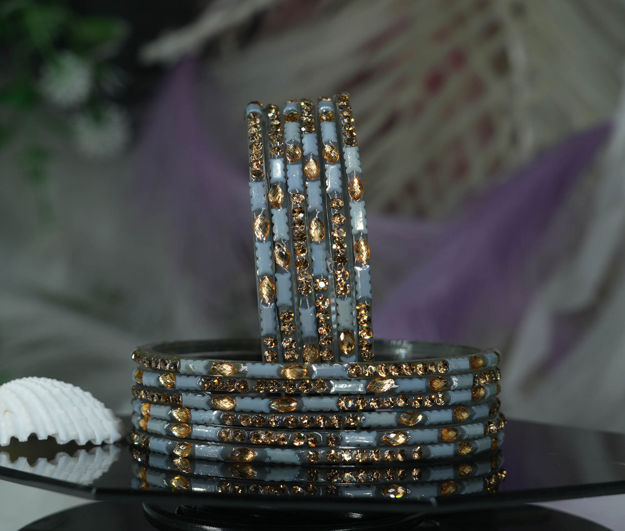 Fancy Grey Color Glass Bangles with Stone Studded Cutting Design for Women & Girls