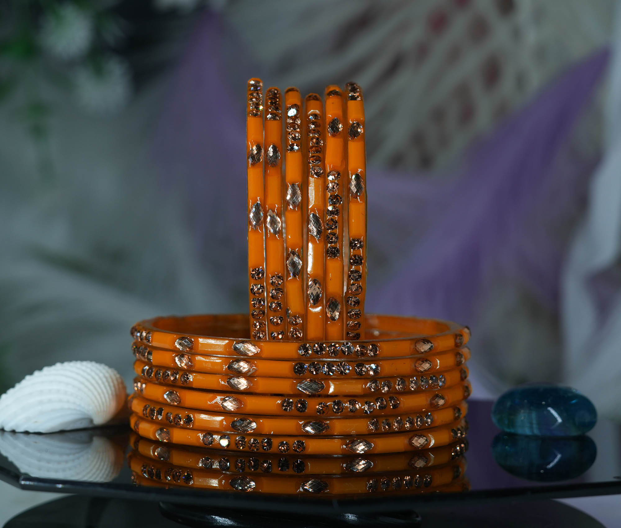 Fancy Haldi Color Glass Bangles with Stone Studded Cutting Design for Women & Girls