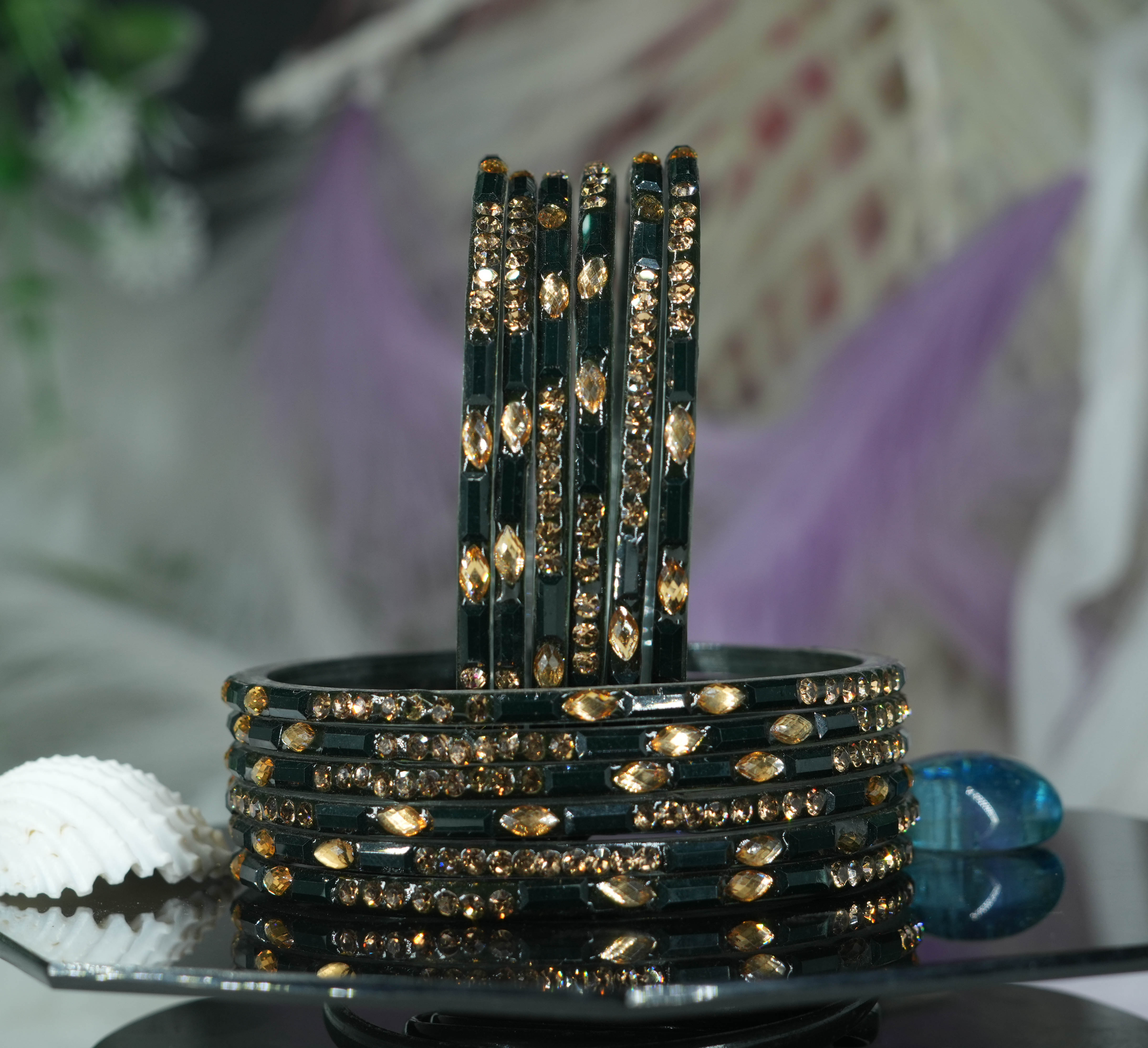 Fancy Dark Green Color Glass Bangles with Stone Studded Cutting Design for Women & Girls