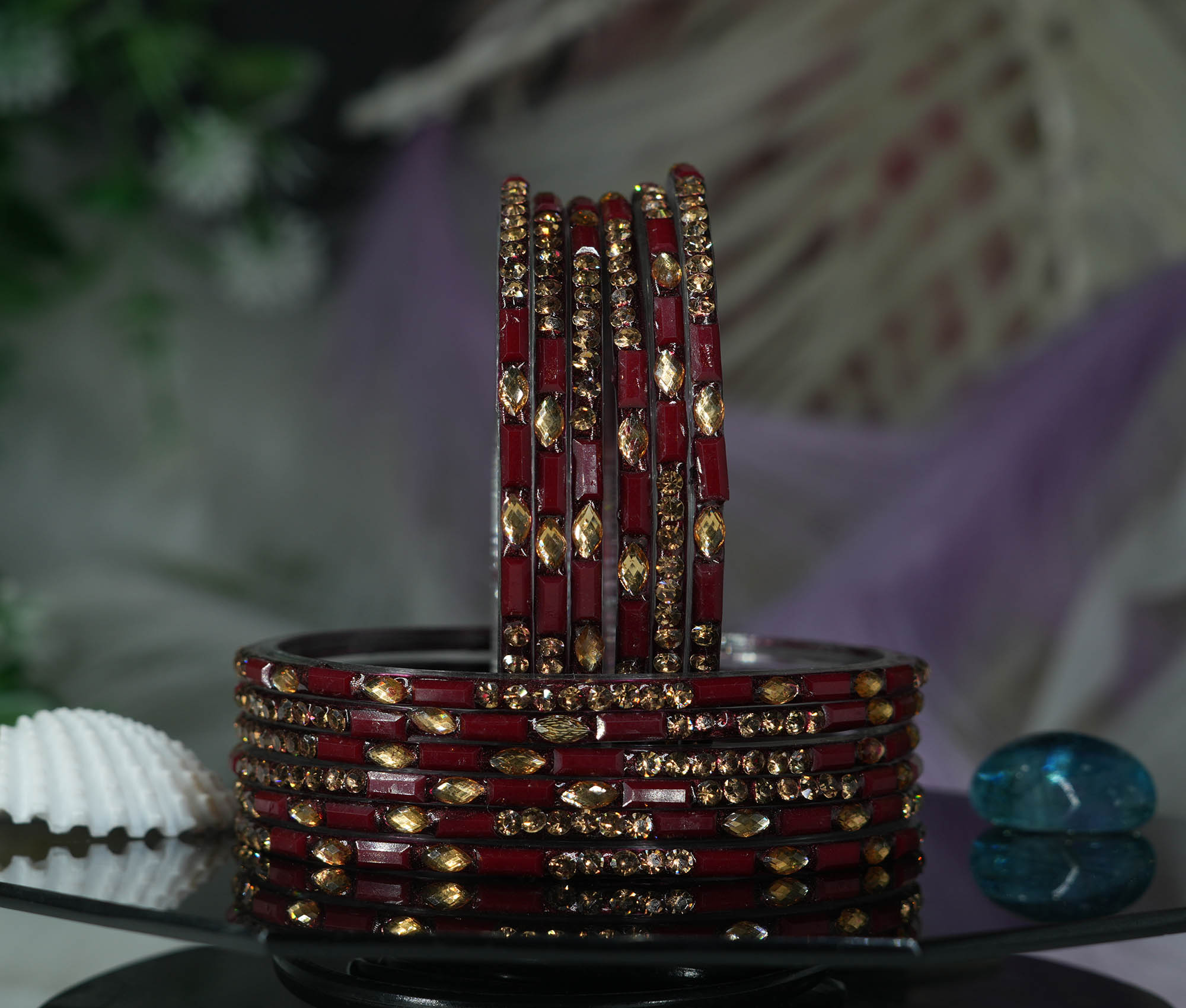 Fancy Maroon Color Glass Bangles with Stone Studded Cutting Design for Women & Girls