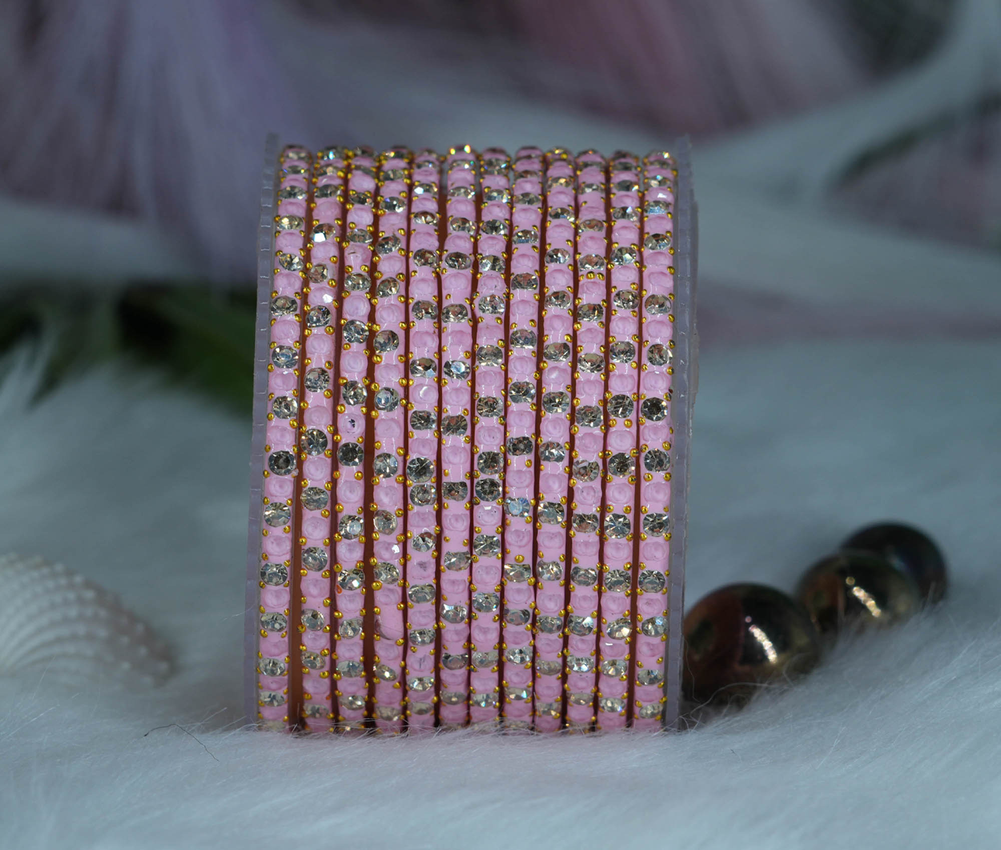 Fancy Pink Color Glass Bangle with Stone Studded Design for Women & Girls